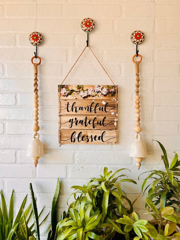 Rustic Serenity Wall Set with 2 Ceramic Macrame Ivory Bells  | Wall Decor