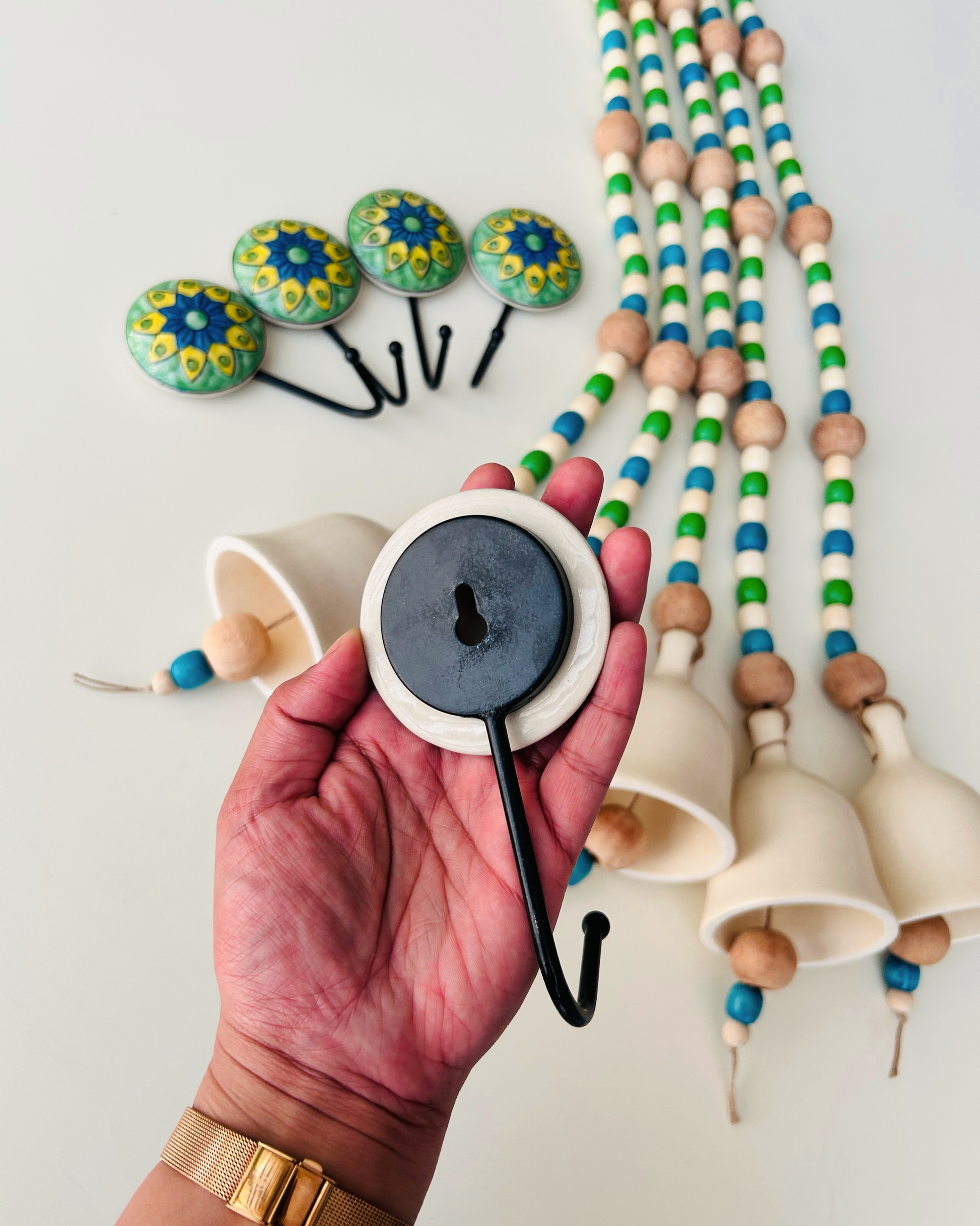 Blue Orchid | Boho Ivory | Backdrop Ceramic Beaded Bells | With ceramic wall hooks