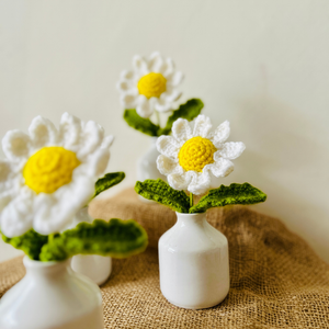 Small White Ceramic Bottle Vase with Crochet Daisy Flower – Miniature Table Decor