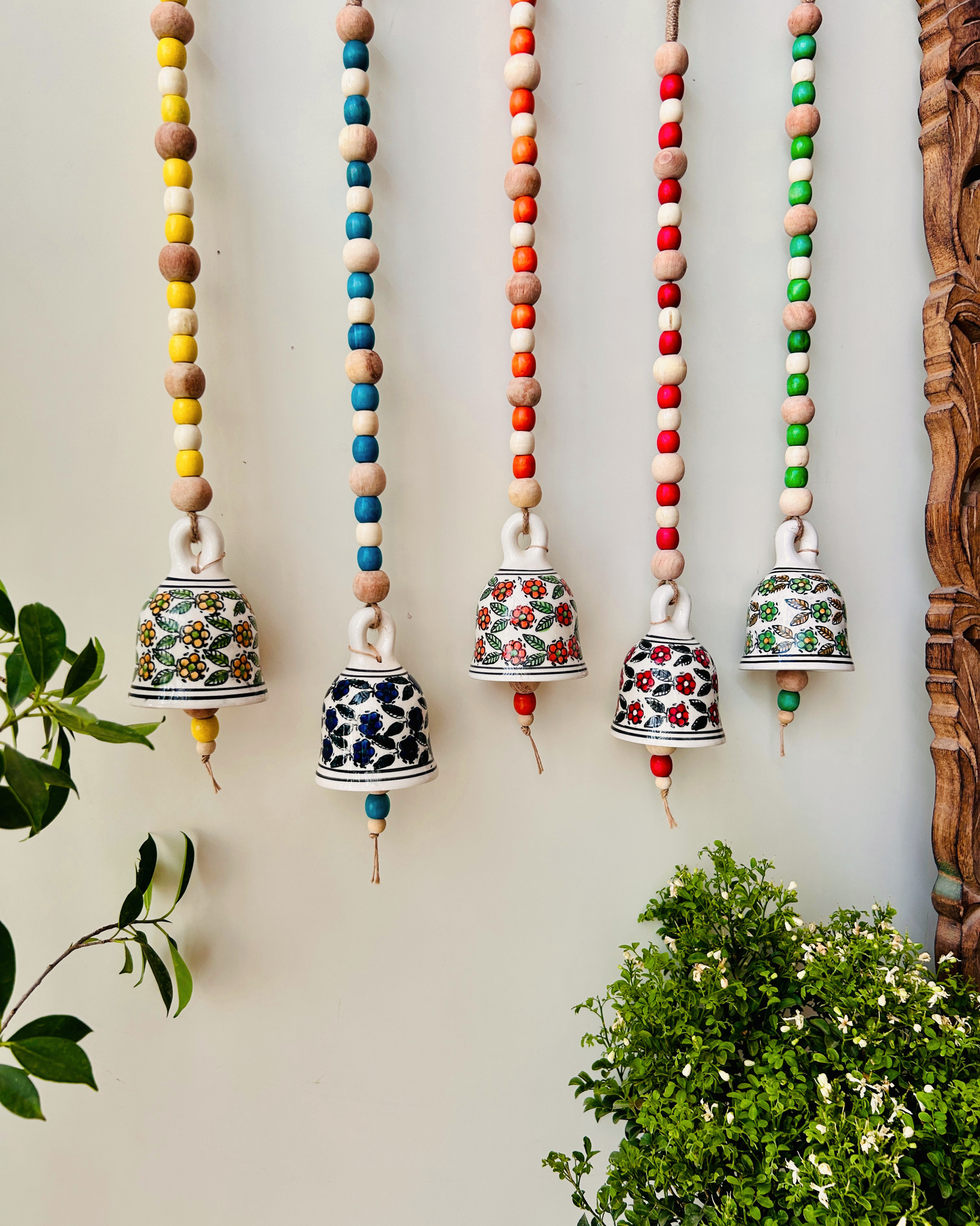 Garden Beaded Ceramic Bells | With Ceramic wall hooks-Floral MULTICOLOR