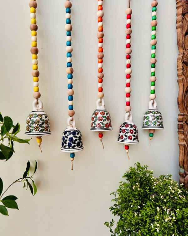 Garden Beaded Ceramic Bells | With Ceramic wall hooks-Floral MULTICOLOR