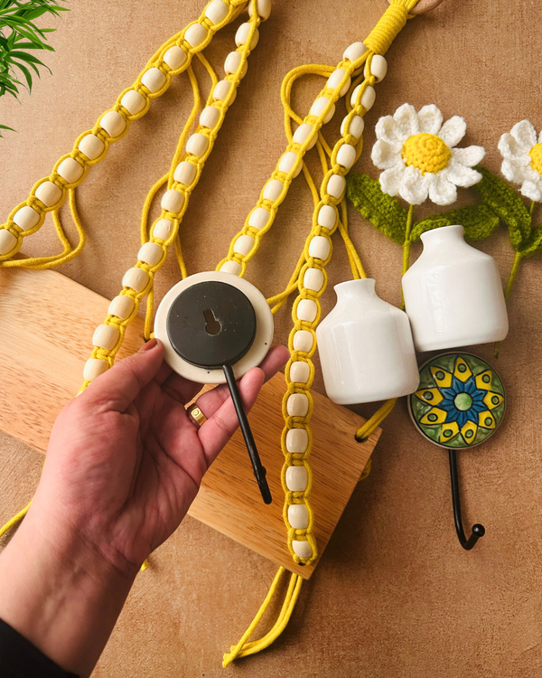 Mac-crochet Collection | A PAIR of Macrame-Beaded Handmade Wall shelves with crochet flowers in ceramic bottle vases