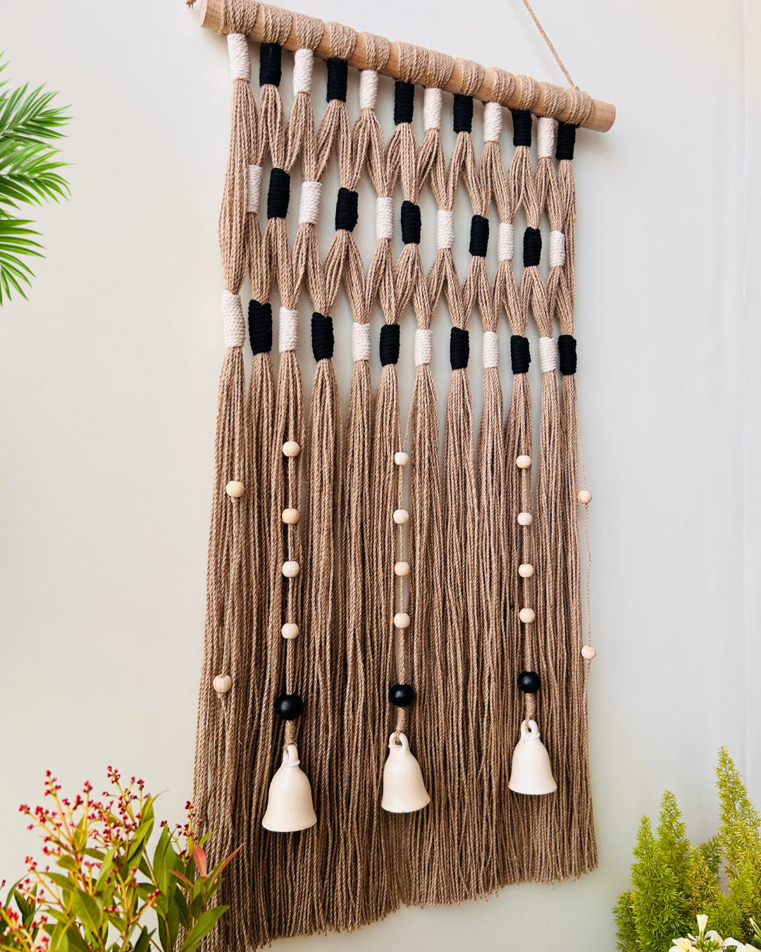 Monochrome Ivory Boho Tapestry | With a ceramic wall hook