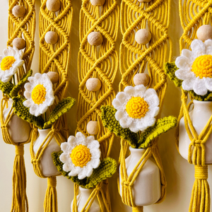Mac-crochet Collection | Handmade White Daisy Macrame Wall Hanging with hand knitted crochet flowers and ceramic white bottle vases