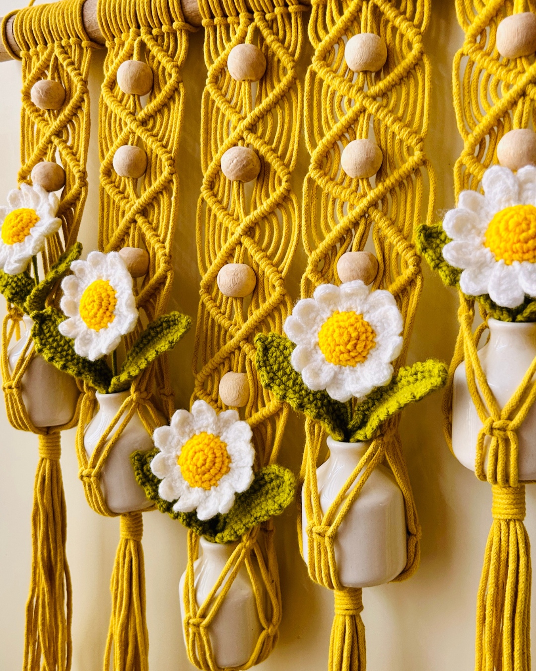 Mac-crochet Collection | Handmade White Daisy Macrame Wall Hanging with hand knitted crochet flowers and ceramic white bottle vases