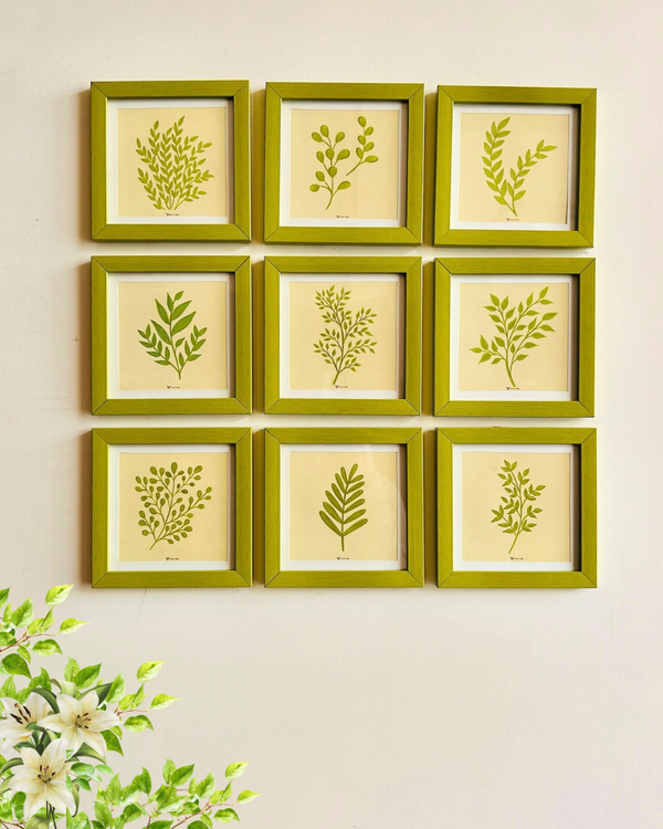 Whispers of leaves | Green Wall Frame Set of 9 | Hand made designs | Glass on top