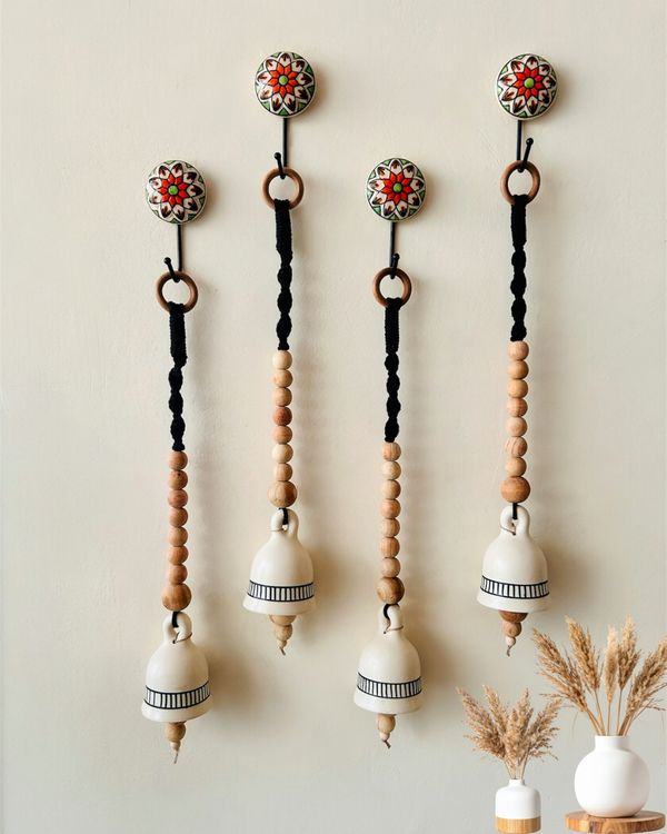 Monochrome Melody | BOHO IVORY Ceramic-Beaded-Macrame | Set of 4 bells with 4 ceramic wall hooks
