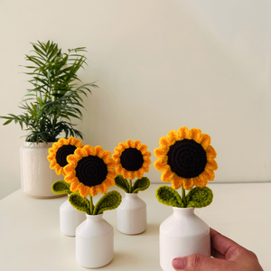 Sunflower | Crochet flower | in Small White Ceramic Bottle Vase – Miniature Table Decor