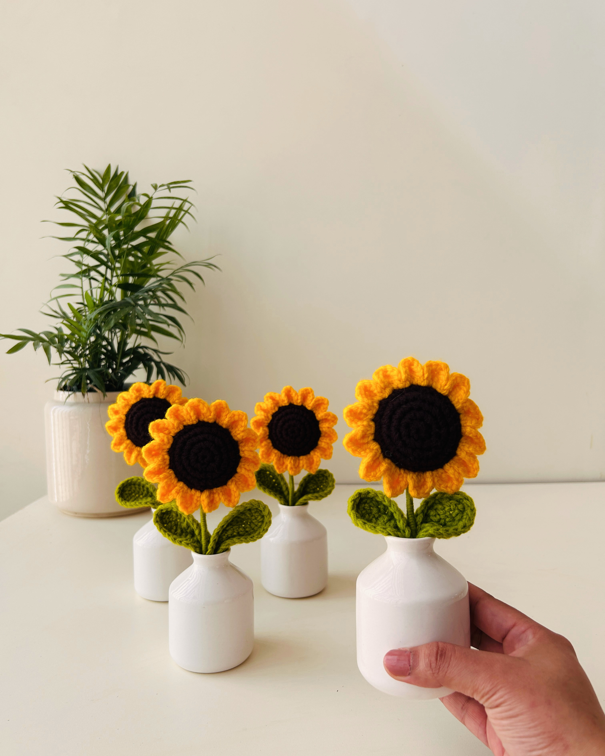 Sunflower | Crochet flower | in Small White Ceramic Bottle Vase – Miniature Table Decor