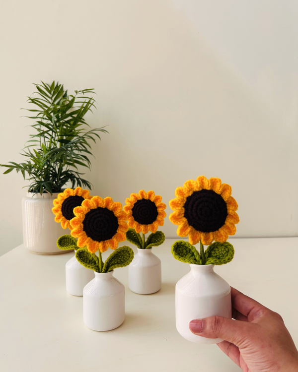 Sunflower | Crochet flower | in Small White Ceramic Bottle Vase – Miniature Table Decor