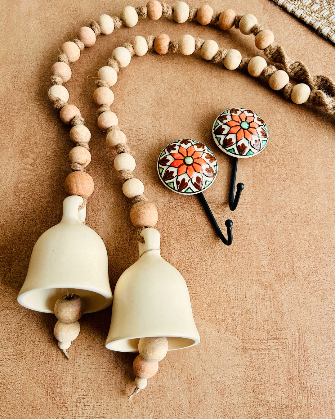 Rustic | Boho Ivory |Backdrop Ceramic Bells | With Ceramic Wall Hooks