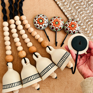 Monochrome Melody | BOHO IVORY Ceramic-Beaded-Macrame | Set of 4 bells with 4 ceramic wall hooks