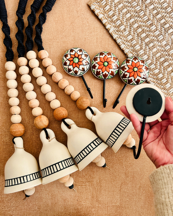 Monochrome Melody | BOHO IVORY Ceramic-Beaded-Macrame | Set of 4 bells with 4 ceramic wall hooks