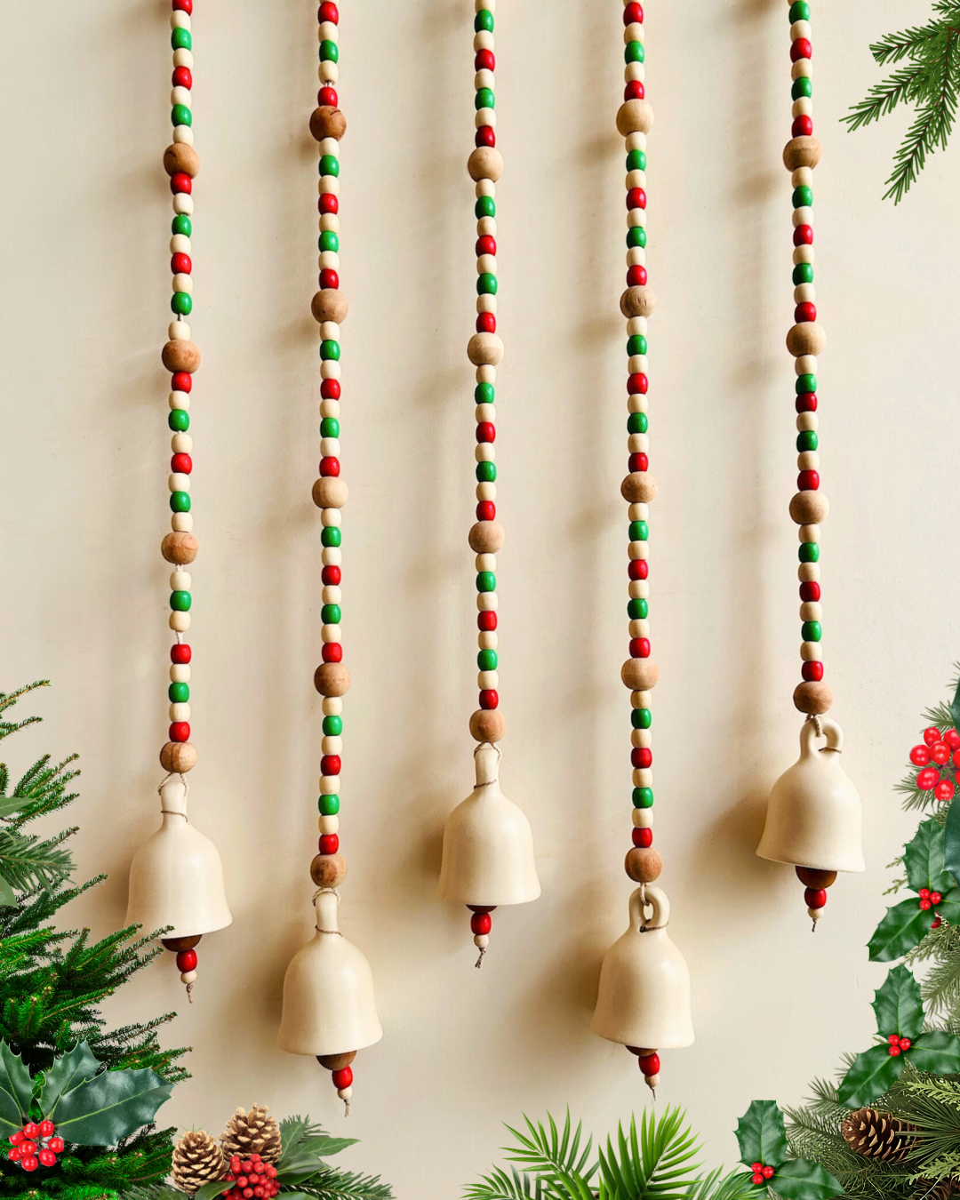 CHRISTMAS EDITION | Ceramic Ivory Long Backdrop Bells with wooden beads and ceramic wall hooks