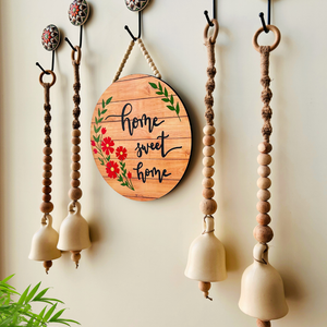 Boho Floral Entrance Wall Set – Handmade & Heartfelt | 4 Ceramic Ivory white bells with a wooden welcome sign board  | Ceramic hooks |Serene and Calming  Decor option