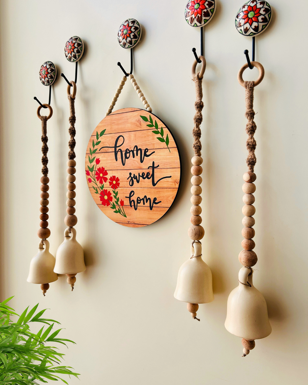 Boho Floral Entrance Wall Set – Handmade & Heartfelt | 4 Ceramic Ivory white bells with a wooden welcome sign board  | Ceramic hooks |Serene and Calming  Decor option