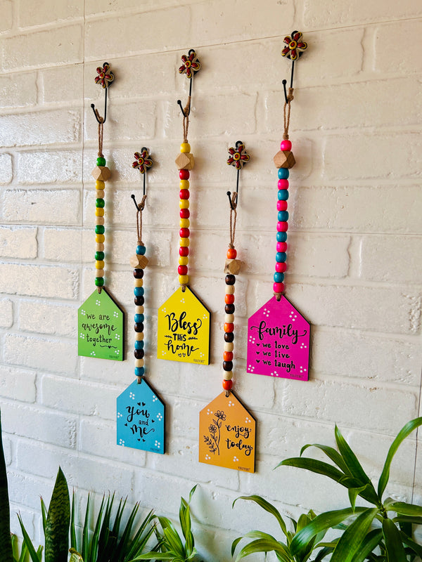 Beaded Wooden Huts with Ceramic Hooks - Set of 5