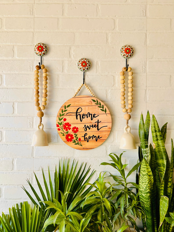 Home sweet home wall set up with two beaded bells