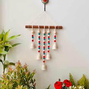 IVORY GULMOHAR | Beads and Bells Wall hanging | 5 beaded bells on a wooden dowel with ceramic hook | Handmade Decor