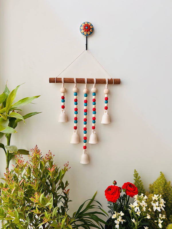 IVORY GULMOHAR | Beads and Bells Wall hanging | 5 beaded bells on a wooden dowel with ceramic hook | Handmade Decor