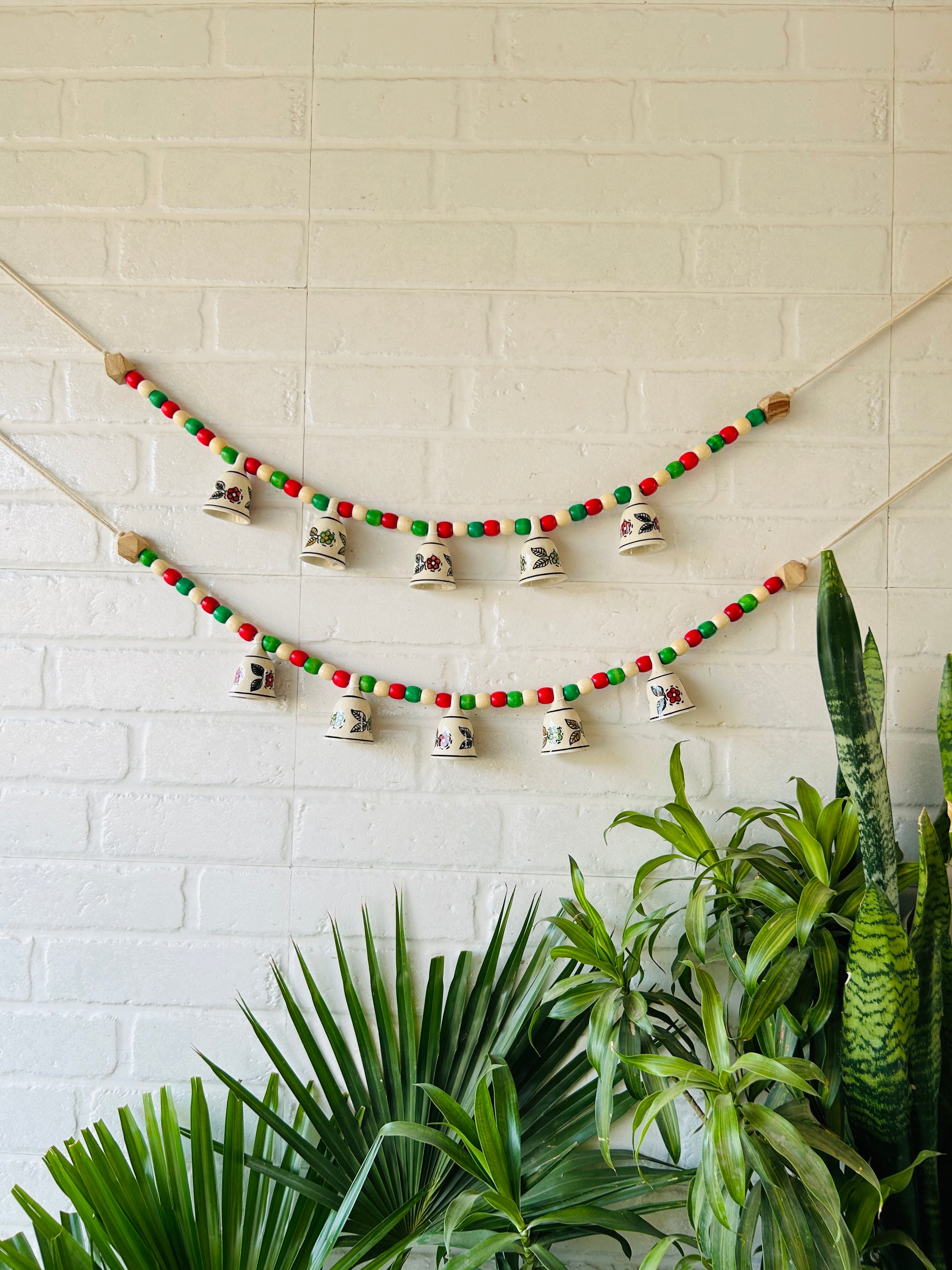 INDIAN ROSE | Handmade Bunting with Small Ceramic Floral Bells | Beaded Toran for Entrance Decor
