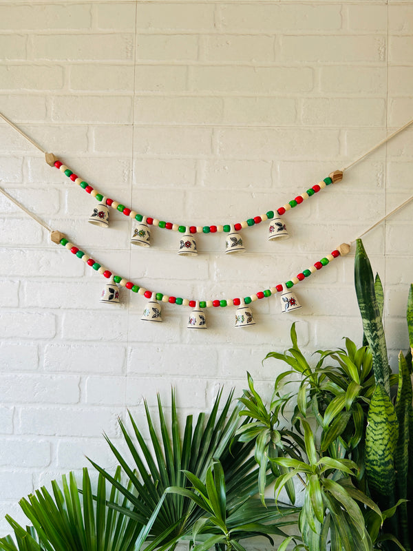CHRISTMAS EDITION | Handmade Bunting with Small Ceramic Floral Bells | Beaded Toran for Entrance Decor