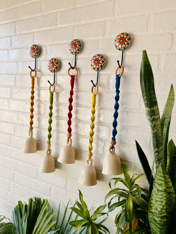 SET OF FIVE | Ivory Ceramic Macrame Bells with Ceramic Hooks (Buy 4 get 1 free)