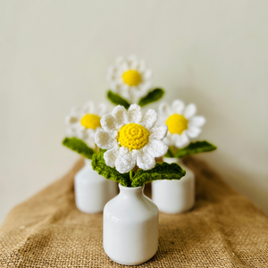 Small White Ceramic Bottle Vase with Crochet Daisy Flower – Miniature Table Decor