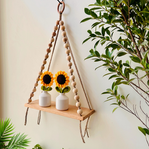 Rustic Sunflower Macramé Wall Shelf with wooden beads | 2 Crochet sunflowers in white ceramic vases