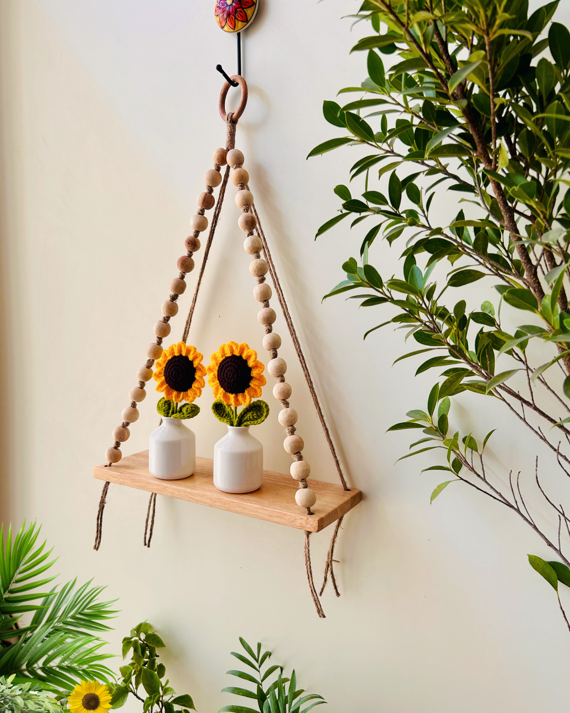 Rustic Sunflower Macramé Wall Shelf with wooden beads | 2 Crochet sunflowers in white ceramic vases