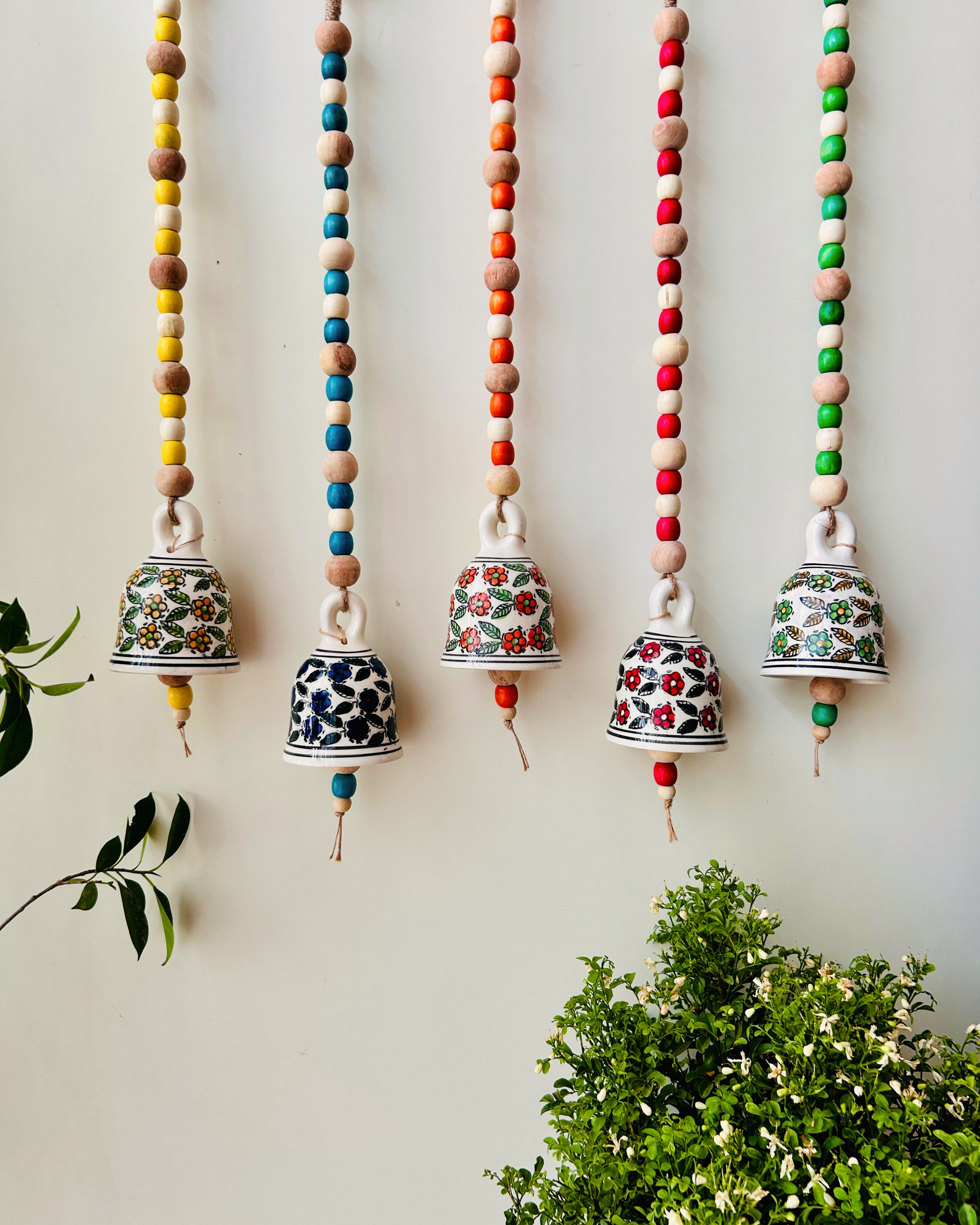 Garden Beaded Ceramic Bells | With Ceramic wall hooks-Floral MULTICOLOR