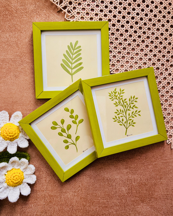 Whispers of leaves | Green Wall Frame Set of 9 | Hand made designs | Glass on top