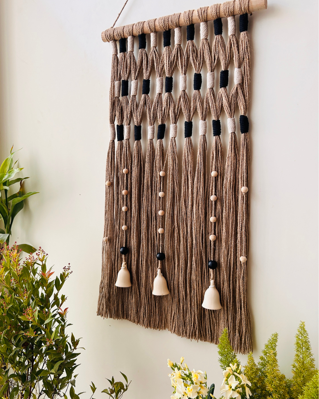 Monochrome Ivory Boho Tapestry | With a ceramic wall hook