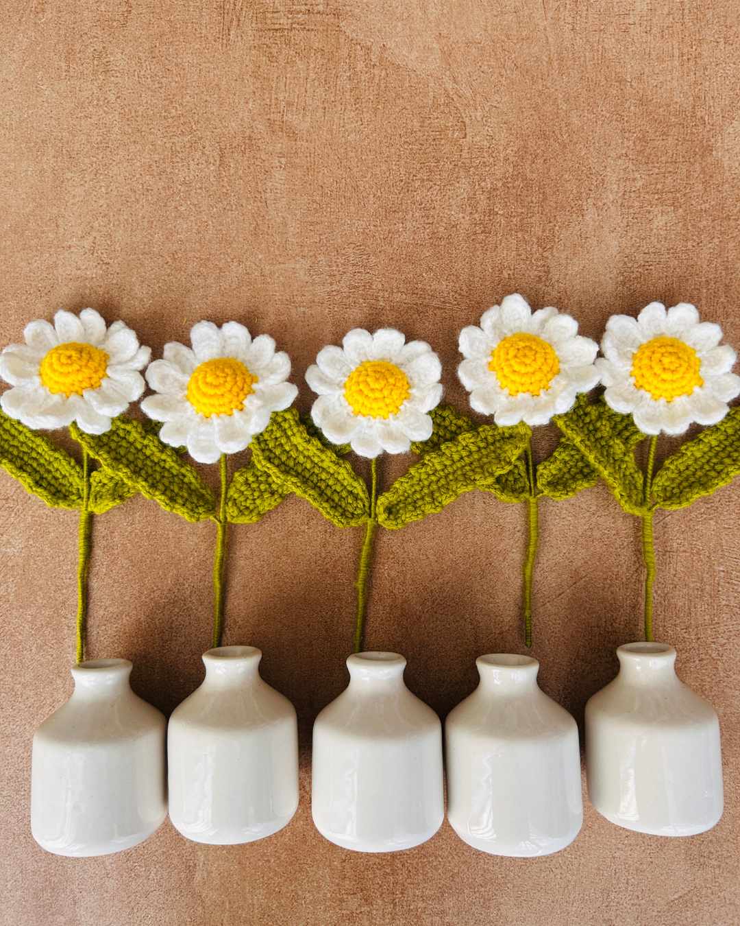Mac-crochet Collection | Handmade White Daisy Macrame Wall Hanging with hand knitted crochet flowers and ceramic white bottle vases