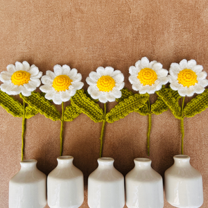 Mac-crochet Collection | Handmade White Daisy Macrame Wall Hanging with hand knitted crochet flowers and ceramic white bottle vases