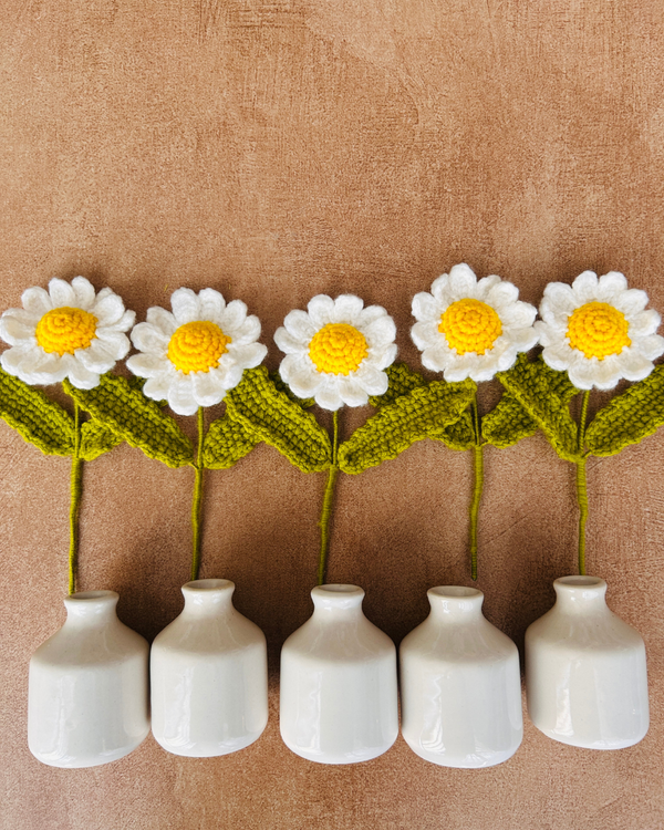Mac-crochet Collection | Handmade White Daisy Macrame Wall Hanging with hand knitted crochet flowers and ceramic white bottle vases