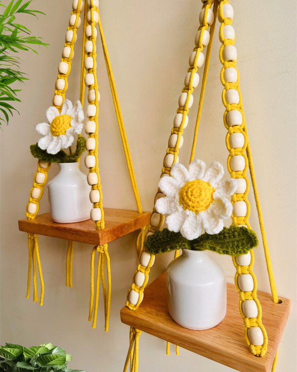 Mac-crochet Collection | A PAIR of Macrame-Beaded Handmade Wall shelves with crochet flowers in ceramic bottle vases