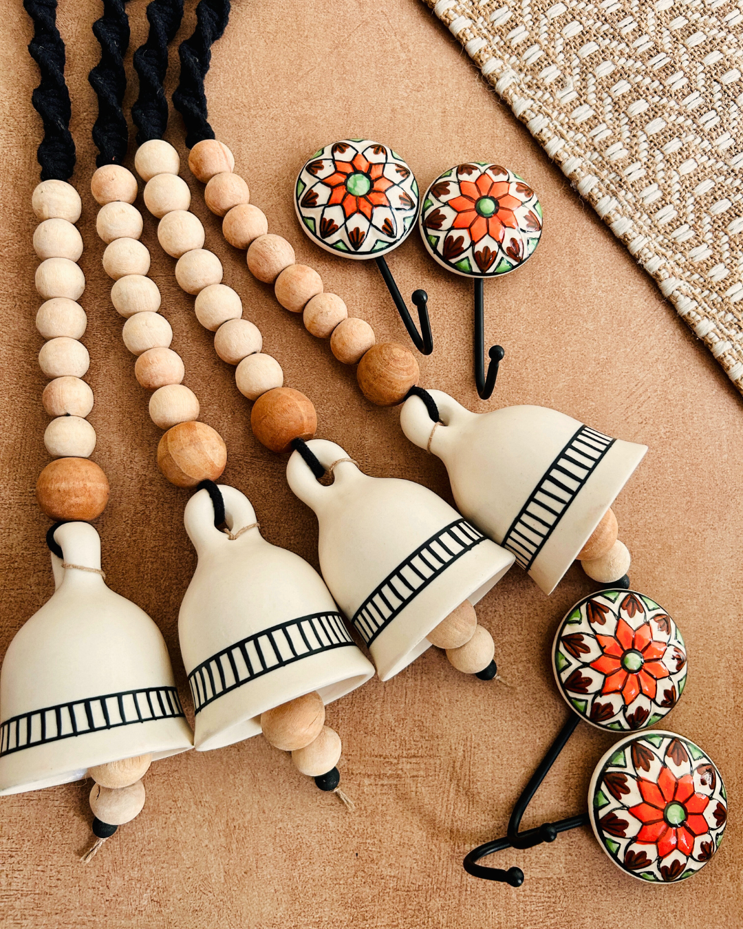 Monochrome Melody | BOHO IVORY Ceramic-Beaded-Macrame | Set of 4 bells with 4 ceramic wall hooks