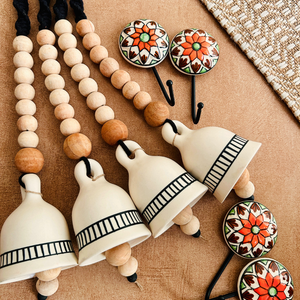Monochrome Melody | BOHO IVORY Ceramic-Beaded-Macrame | Set of 4 bells with 4 ceramic wall hooks