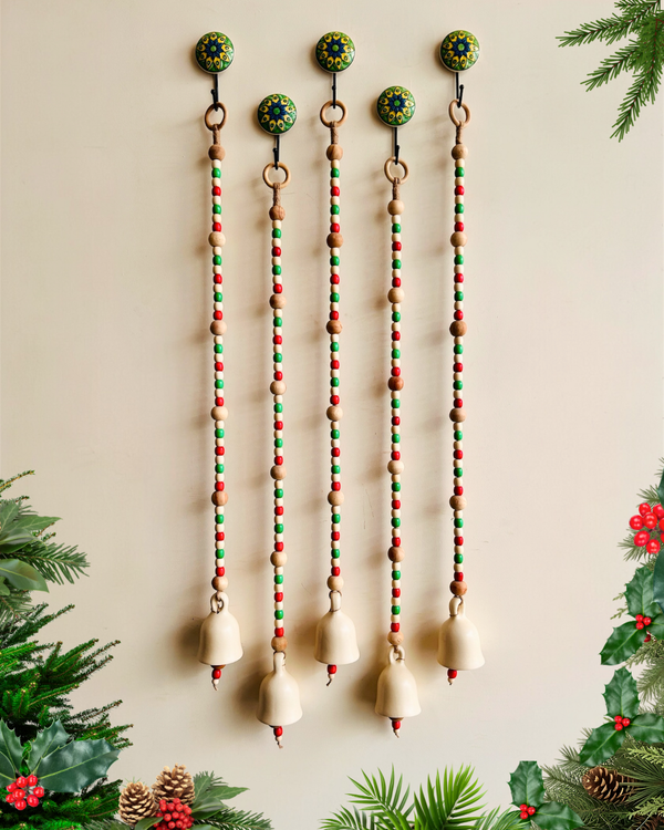 CHRISTMAS EDITION | Ceramic Ivory Long Backdrop Bells with wooden beads and ceramic wall hooks