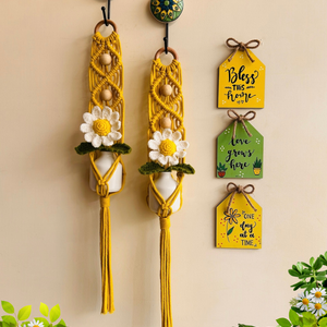 Mac-crochet Collection | Love Grows Here Wall Set up | With 3 Quoted Wooden Huts | with macrame hangers and crochet flowers