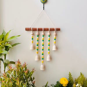 IVORY LABURNUM | Beads and Bells Wall hanging | 5 beaded bells on a wooden dowel with ceramic hook | Handmade Decor