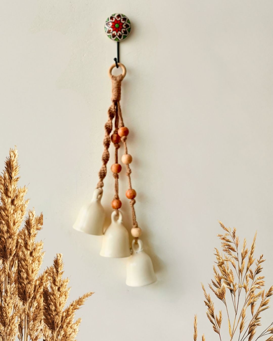 BOHO Ivory Symphony Chimes | Bunch of 3 big ceramic bells with Ceramic Wall Hook