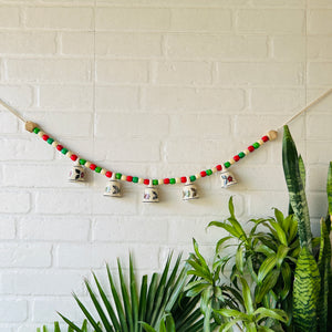 INDIAN ROSE | Handmade Bunting with Small Ceramic Floral Bells | Beaded Toran for Entrance Decor