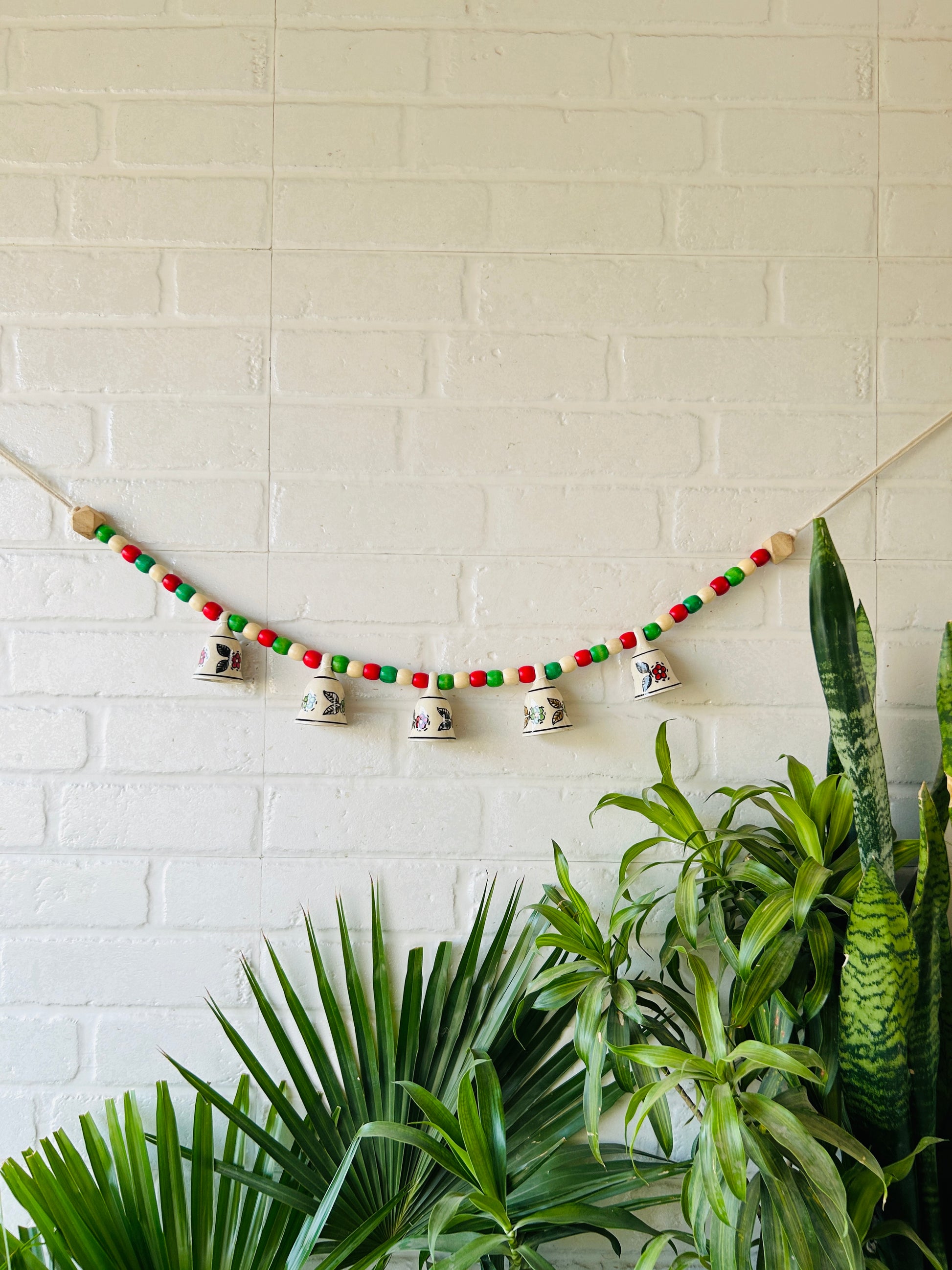 INDIAN ROSE | Handmade Bunting with Small Ceramic Floral Bells | Beaded Toran for Entrance Decor