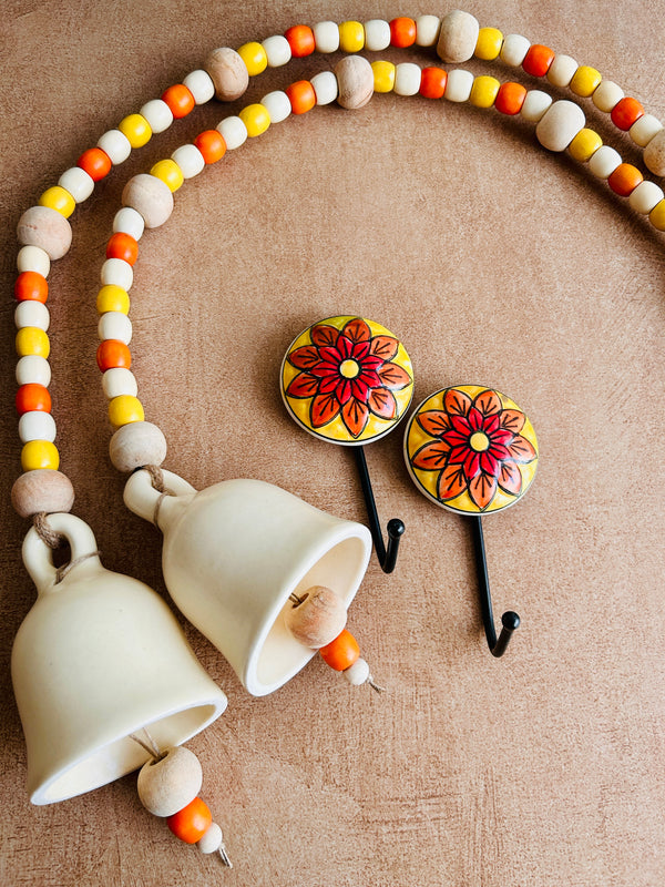 Marigold | Pair of Boho Ivory | Backdrop Ceramic Beaded Bells | With 2 ceramic wall hooks