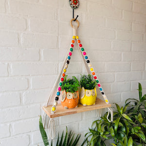 Natural Wood Colorful Beaded Shelf | With Ceramic Planters and Hook