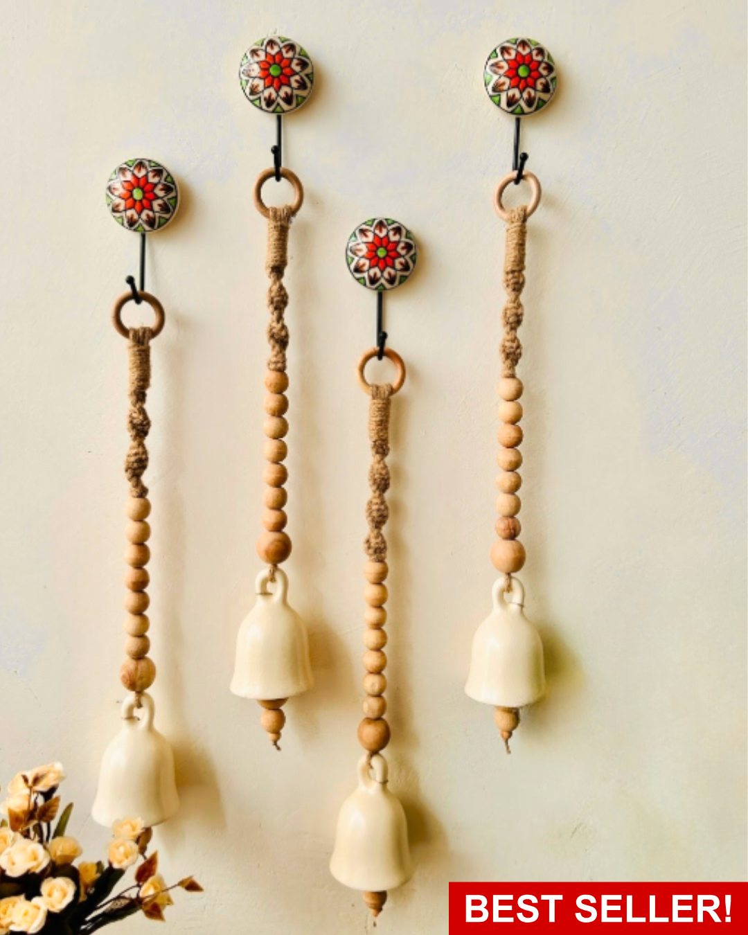 Boho Ivory Ceramic Bells with Ceramic Hooks| Set of 4 | Rustic & Serene Decor