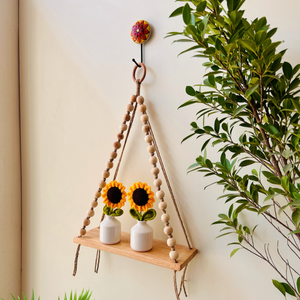 Rustic Sunflower Macramé Wall Shelf with wooden beads | 2 Crochet sunflowers in white ceramic vases