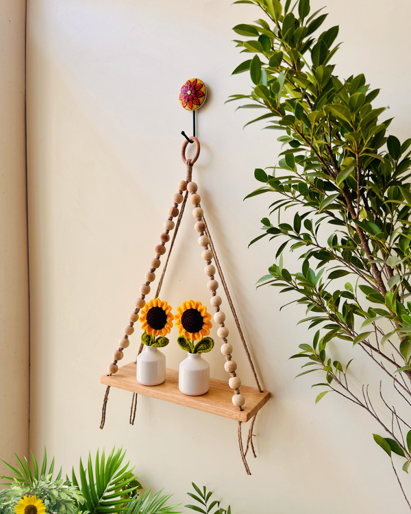 Rustic Sunflower Macramé Wall Shelf with wooden beads | 2 Crochet sunflowers in white ceramic vases